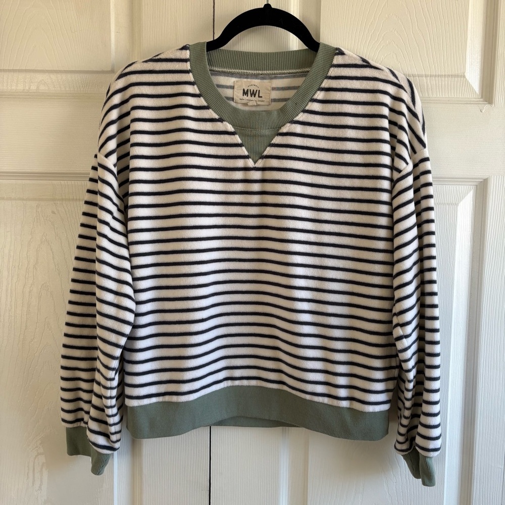 Madewell MWL Velour Striped Sweatshirt S Green Blue Lounge Boxy Comfy Terry Top